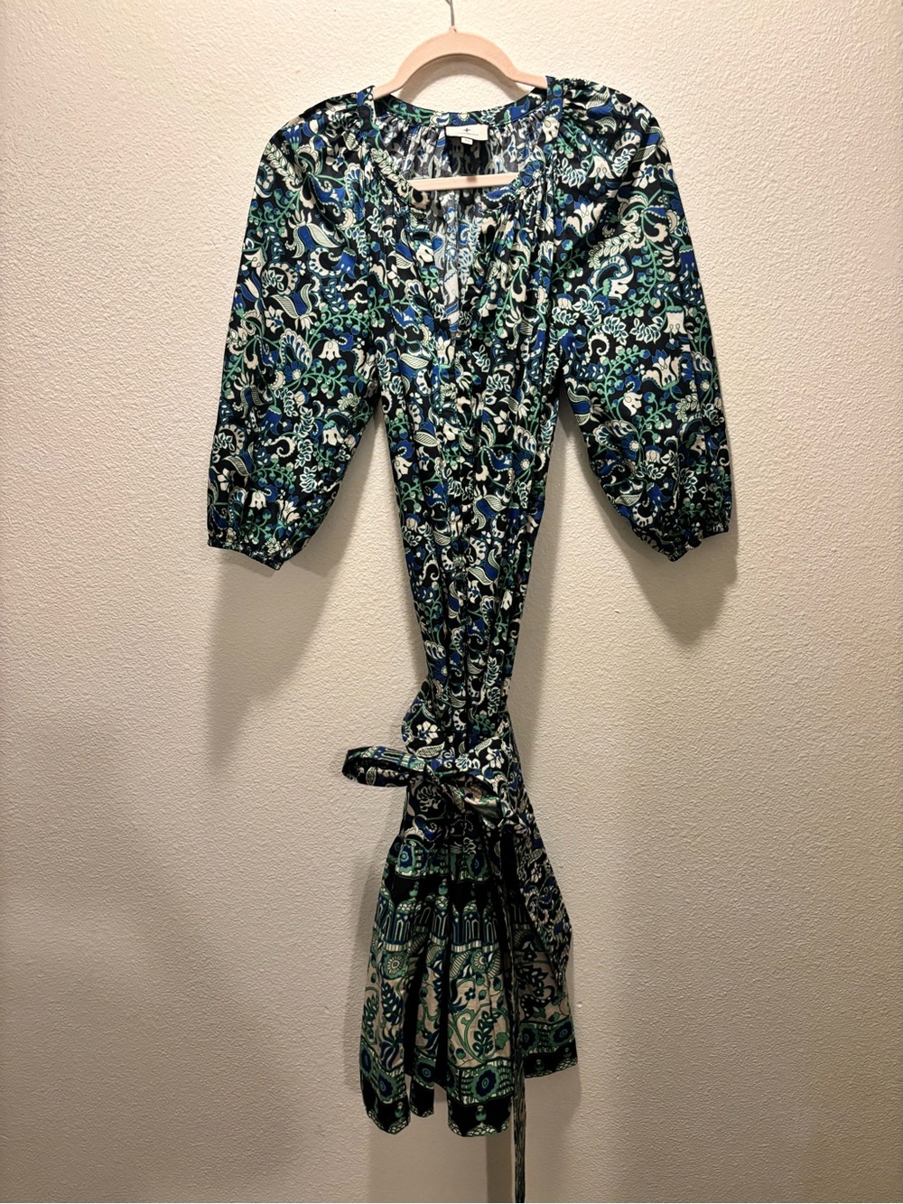 Tuckernuck Batik Floral Lyles Green Blue Puff Sleeve Belted Midi Dress Xs View 5
